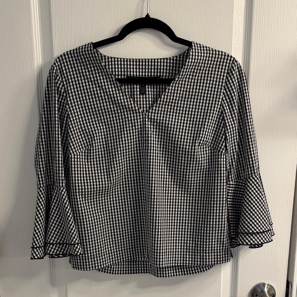 White House Black Market Checkered Flare Sleeve Blouse